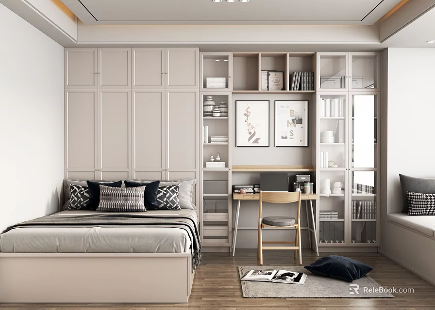 Modern Tatami Bedroom Interior With Bed Desk Chair Bookshelves Cabinets And Decorative Paintings 3d model 