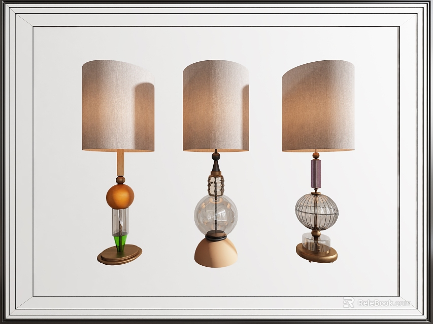 Three Stylish Table Lamps With Light Colored Fabric Shades And Unique Base Designs 3d model 