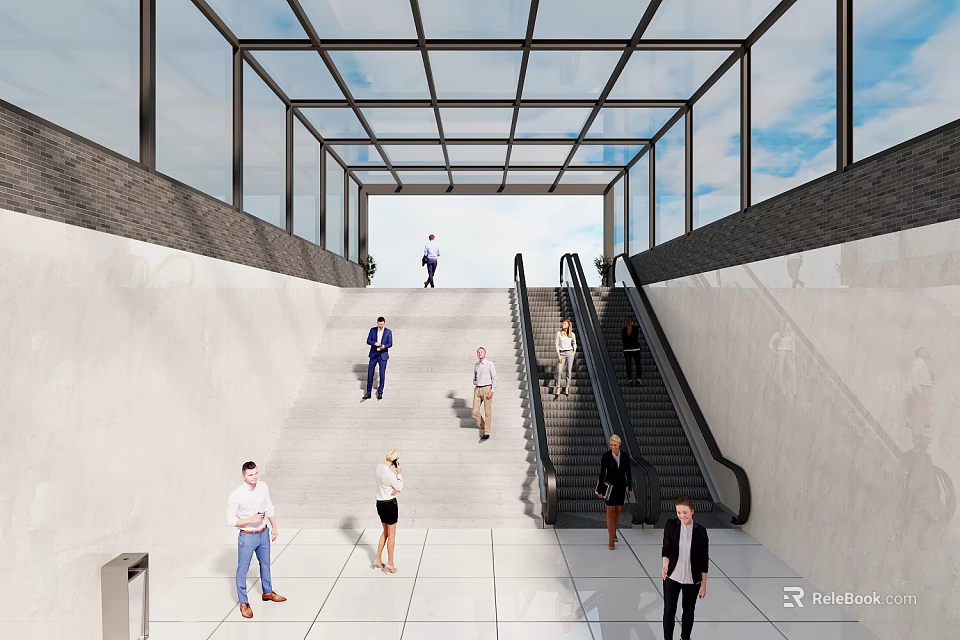 Modern Station With Glass Roof Staircase Escalator White Tiled Floor And Pedestrians 3d model 
