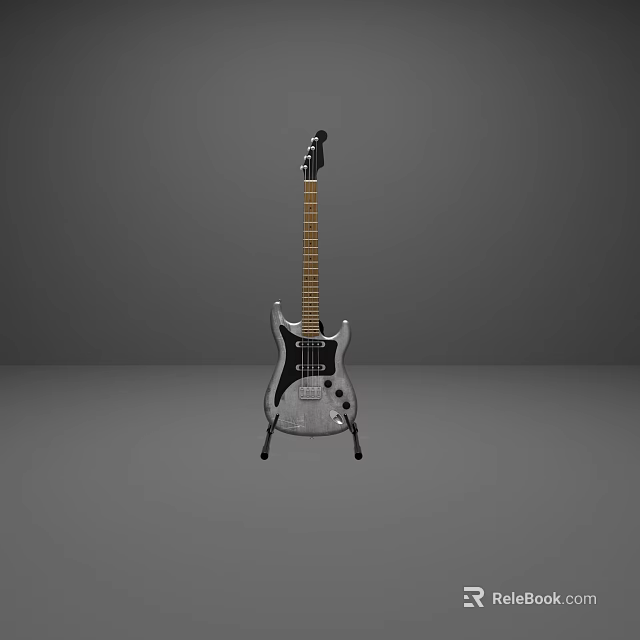 Silver Electric Guitar With Black Neck On Stand Against Gray Background 3d model 