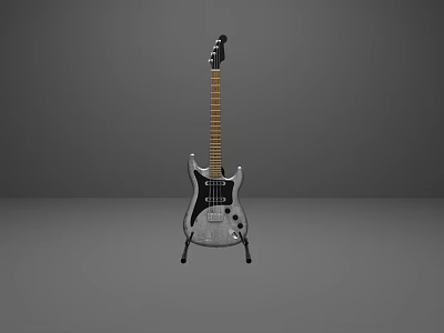 Silver Electric Guitar With Black Neck On Stand Against Gray Background 3d model