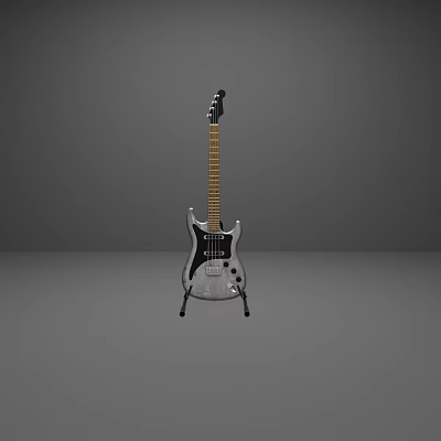 Silver Electric Guitar With Black Neck On Stand Against Gray Background 3d model