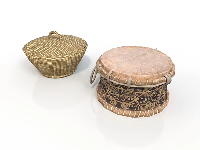 Traditional Handwoven Household Items With Covered Basket And Decorative Container 3d model