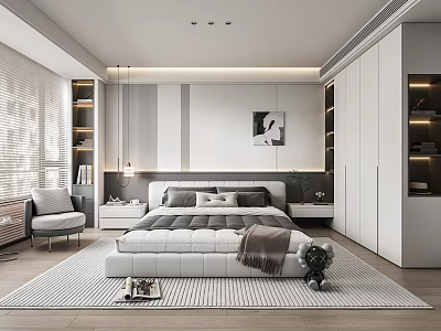 Modern Minimalist Bedroom Interior Design With King Bed Wardrobe And Artwork Rug 3d model
