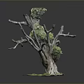 Miniature Dead Tree Model With Green Moss And Round Base