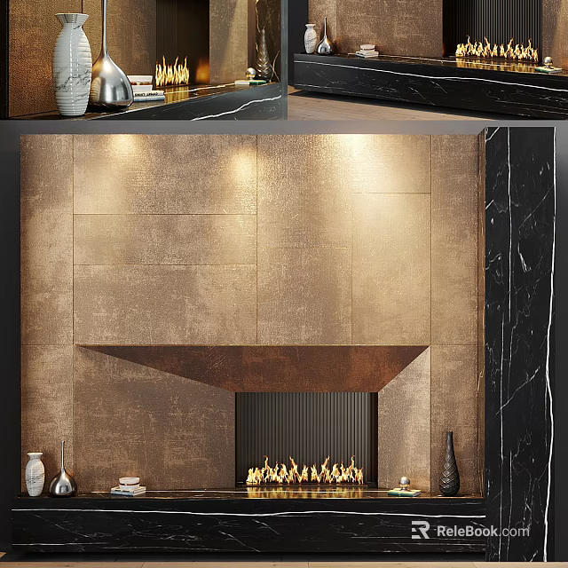 Bronze Textured Interior Background Wall With Stylish Fireplace Decorative Vases Flames And Black Marble Accents 3d model 