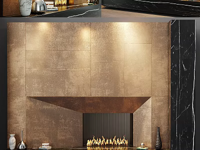 Bronze Textured Interior Background Wall With Stylish Fireplace Decorative Vases Flames And Black Marble Accents 3d model