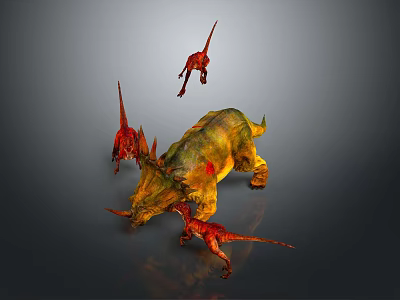3D Dinosaur Scene Featuring Large Triceratops And Small Red Dinosaurs 3d model