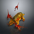 3D Dinosaur Scene Featuring Large Triceratops And Small Red Dinosaurs