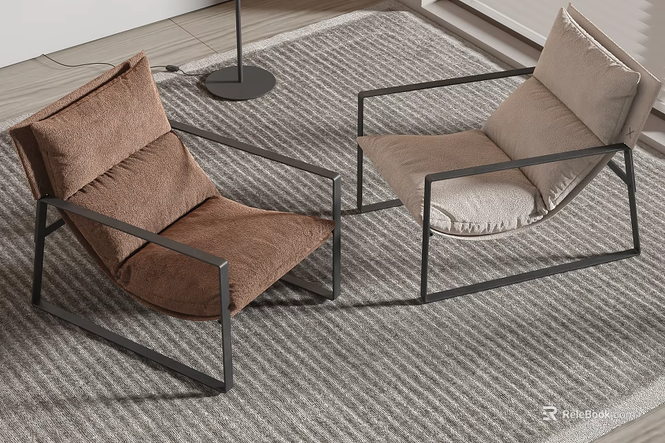 Modern Comfortable Lounge Chairs In Brown And Beige With Black Metal Frames On Gray Carpet 3d model 