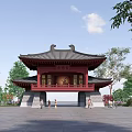 Ancient Architecture Two Story Red Structure With Black Curved Eaves Surrounded By Trees And People