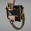 Stylish Black Handbag With Gold Accents Spiked Chain And Digital Watch