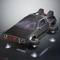 Black Futuristic Floating Car with Gull Wing Doors Rear Fins and Glowing Lights