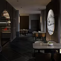 Modern Interior Space With Black Metal Screens Gold Pendant Lights And Wooden Steps