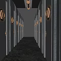 Modern Public Restroom With Curved Design Striped Walls Circular Decorations And Trash Bins