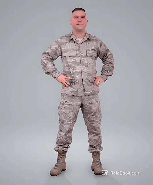 Game Movie Character in Camouflage Military Uniform with Hands on Hips Standing Against Gray Background 3d model 