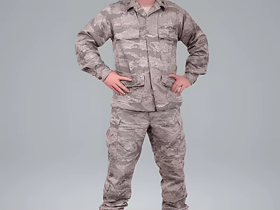 Game Movie Character in Camouflage Military Uniform with Hands on Hips Standing Against Gray Background 3d model