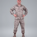 Game Movie Character in Camouflage Military Uniform with Hands on Hips Standing Against Gray Background