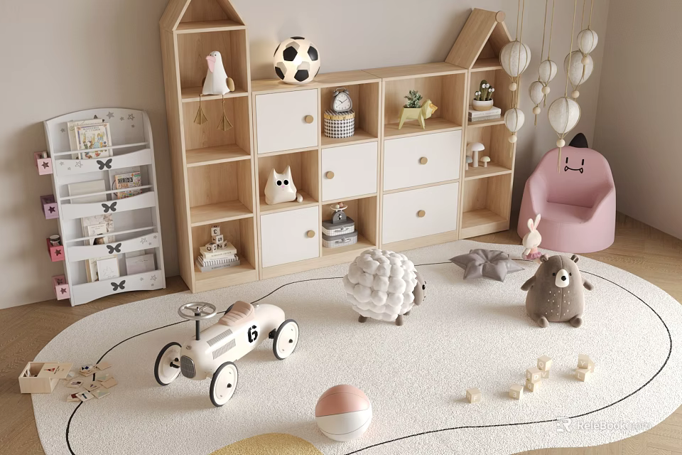 Kids Room Interior With Wooden Storage Shelf Stuffed Animals And Toy Car On Rug 3d model 