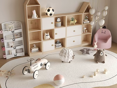 Kids Room Interior With Wooden Storage Shelf Stuffed Animals And Toy Car On Rug 3d model