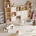 Kids Room Interior With Wooden Storage Shelf Stuffed Animals And Toy Car On Rug