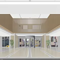 Modern Bright Lobby Interior Featuring Wooden Decor Glass Doors Blue Sign Green Plants And Self Service Kiosks