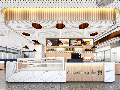 Dessert Shop Interior Design With Marble Counter Pendant Lights And Display Shelves 3d model