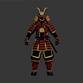 Man in Traditional Samurai Armor with Red and Gold Details and Helmet