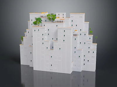 White Multi Layered Architectural Building Model With Green Plants Small Towers And Domed Structures 3d model