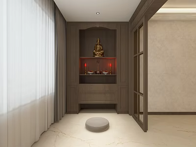 Buddhist Shrine Cabinet with Buddha Statue and Red Decorations in Modern Interior on Marble Floor 3d model