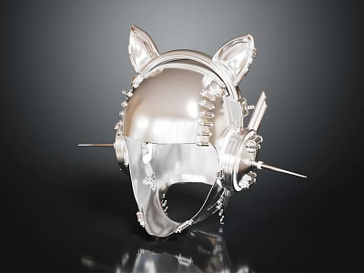 Silver Mechanical Cat Ear Helmet with Metallic Texture and Spiked Details 3d model