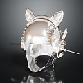 Silver Mechanical Cat Ear Helmet with Metallic Texture and Spiked Details