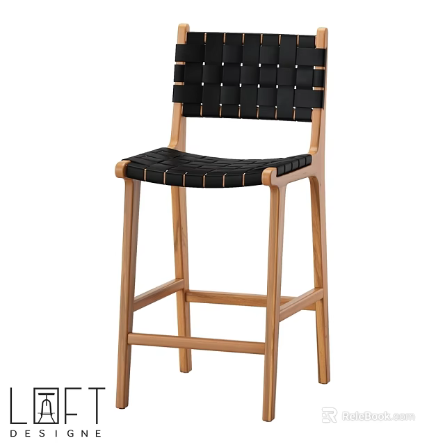 Modern Woven Bar Stool With Black Seat And Natural Wooden Legs 3d model 