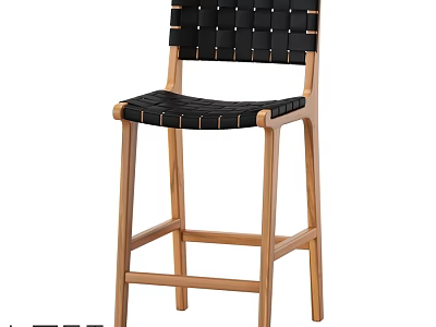Modern Woven Bar Stool With Black Seat And Natural Wooden Legs 3d model
