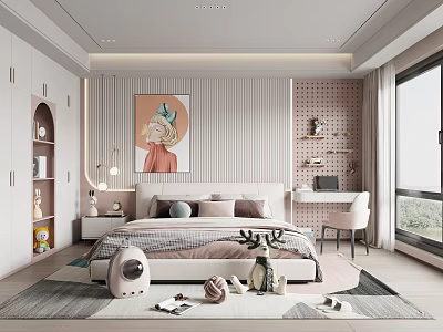 Modern Kids Room Interior With Pink White Striped Wall Wardrobe Bookshelf Desk And Stuffed Toys 3d model