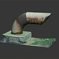 Rusty Pipe Elbow Mounted On Concrete Base With Small Metal Pieces Around 3d model