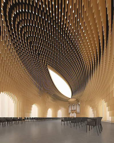 Book Art Inspired Interior With Wooden Wave Ceiling And Oval Lighting 3d model