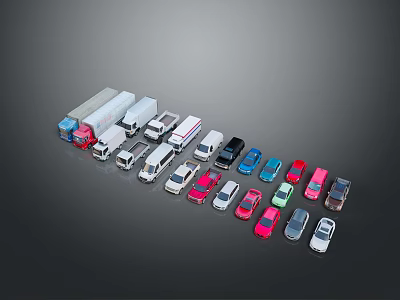 Various Colorful Toy Cars And Truck Models Arranged In A Row 3d model