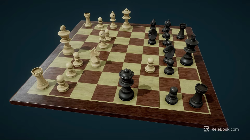 Classic Wooden Chessboard with Black and White Chess Pieces for Board Game Entertainment 3d model 