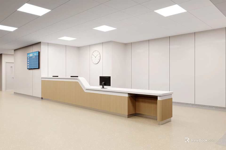 Modern Hospital Triage Desk With Wooden White Counter Computer And Wall Clock 3d model 