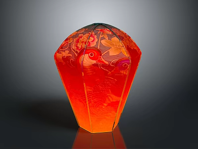 Traditional Red Lantern with Intricate Bird Motifs and Floral Patterns 3d model