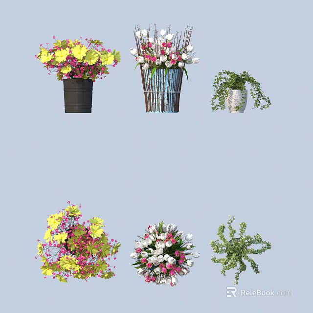 Colorful Potted Plants With Yellow Pink Flowers And Various Decorative Pots 3d model 