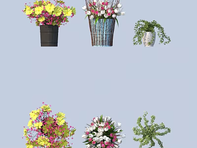 Colorful Potted Plants With Yellow Pink Flowers And Various Decorative Pots 3d model