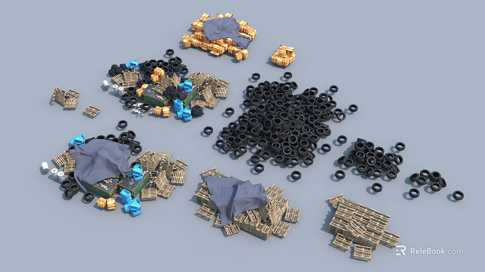 Scene Building Components With Black Rings Blue Gold Parts And Gray Block Structures 3d model