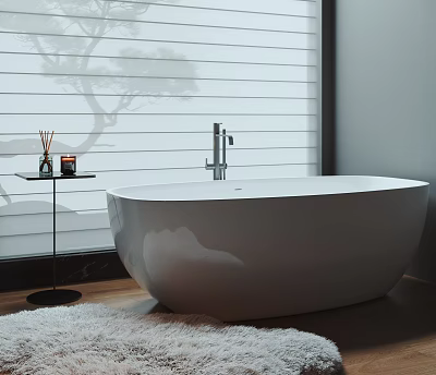 Modern Freestanding Bathtub In Bathroom With Window And Side Table 3d model