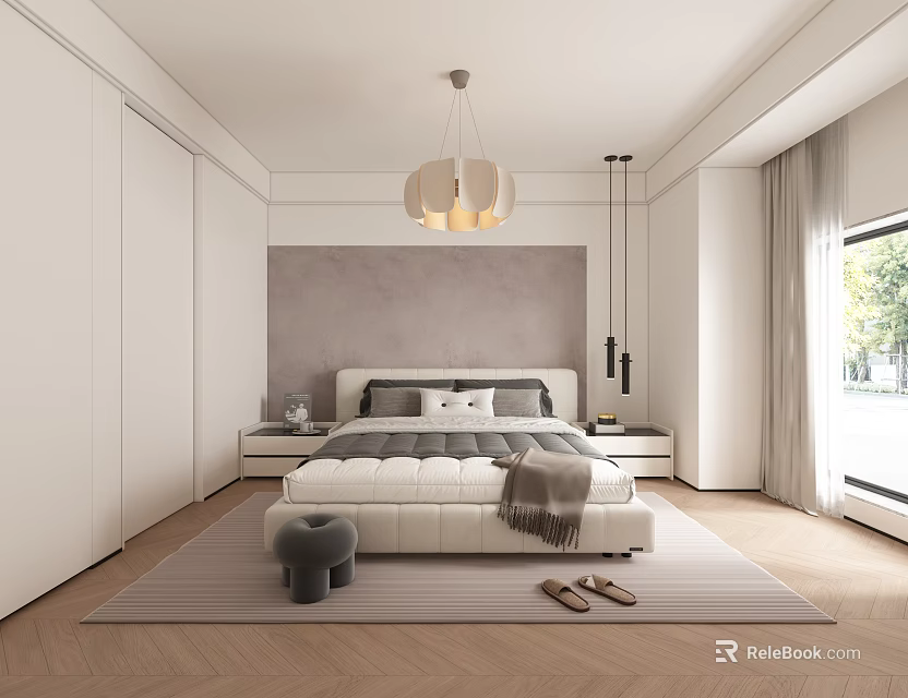 Modern Minimalist Bedroom With White Wardrobe Bed Nightstand Gray Accent Wall And Wooden Floor 3d model 