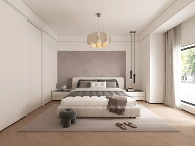 Modern Minimalist Bedroom With White Wardrobe Bed Nightstand Gray Accent Wall And Wooden Floor 3d model