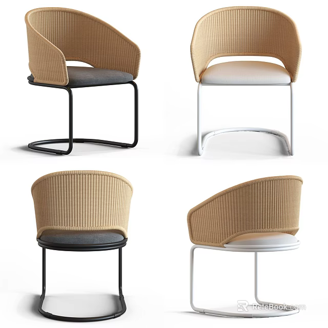 Stylish Leisure Chair With Woven Backrest Gray And White Seats Black And White Metal Frames 3d model 