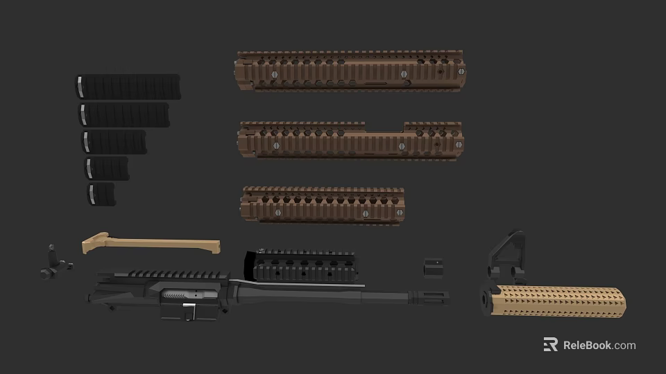 Tactical Firearm Components With Brown Black Rail Systems Magazines And Accessories 3d model 