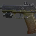 Tactical Pistol With Detailed Green Grip Top Mounted Sight And Tactical Flashlight Features